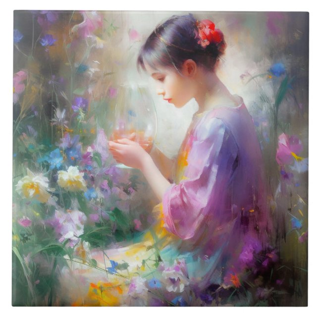 Girl admiring a flower in her hands  ceramic tile (Front)