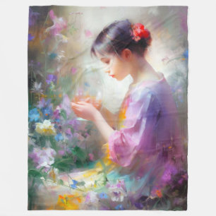 Girl admiring a flower in her hands fleece blanket