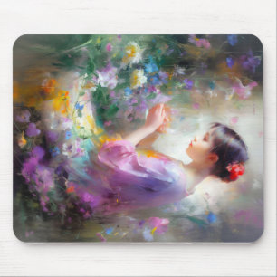 Girl admiring a flower in her hands  mouse pad
