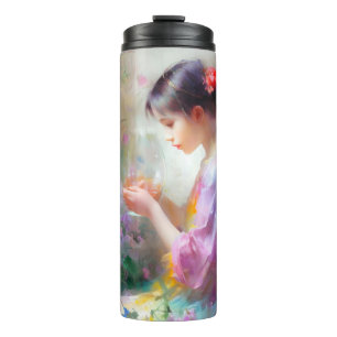 Girl admiring a flower in her hands thermal tumbler