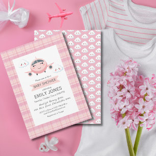 Girl Aeroplane Clouds Cute Baby Shower Pink Grey Invitation