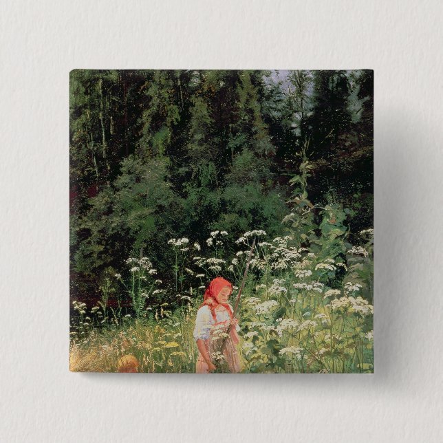 Girl among the wild flowers, 1880 15 cm square badge (Front)