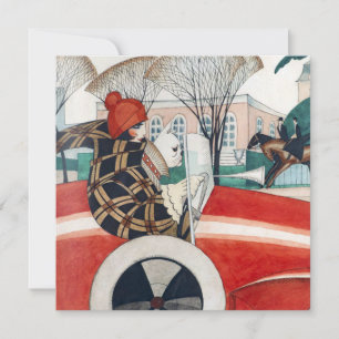 Girl and a Pug Dog in a Red Automobile Card