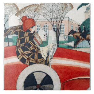 Girl and a Pug Dog in a Red Automobile Ceramic Tile