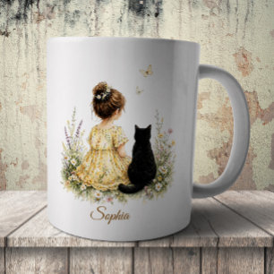 Girl and Black Cat Coffee Mug