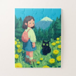 Girl and Black Cat in Flower Field Jigsaw Puzzle