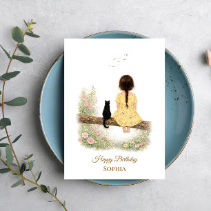 Girl and Black Cat on Branch Card