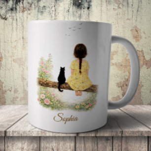Girl and Black Cat on Branch Coffee Mug