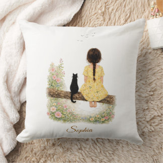 Girl and Black Cat on Branch Cushion