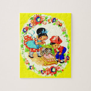 girl and boy and kitten and puppy jigsaw puzzle