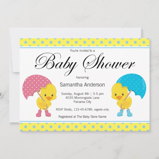 Girl and Boy Ducky with Umbrella Baby Shower  Invitation (Front)