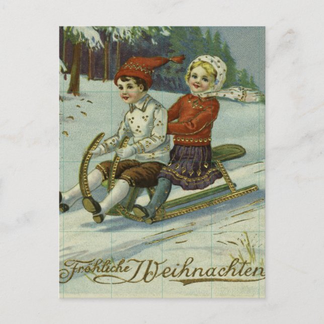 Girl and boy enjoy a sleigh ride illustration postcard (Front)