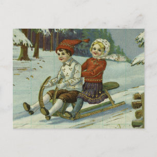 Girl and boy enjoy a sleigh ride illustration postcard