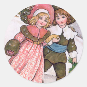Girl and boy ice skating - Florence Hardy Classic Round Sticker