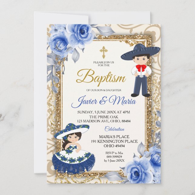Girl and Boy Navy Blue Baptism Invitation (Front)