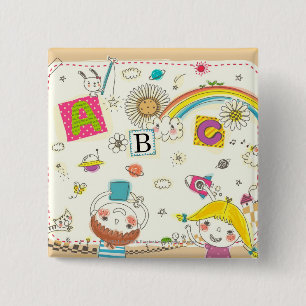 Girl and boy playing by blackboard 15 cm square badge