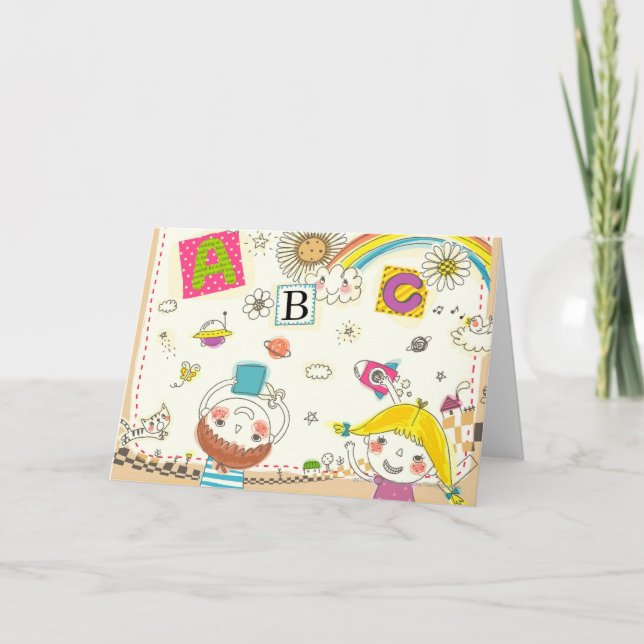 Girl and boy playing by blackboard card (Front)