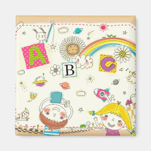 Girl and boy playing by blackboard magnet