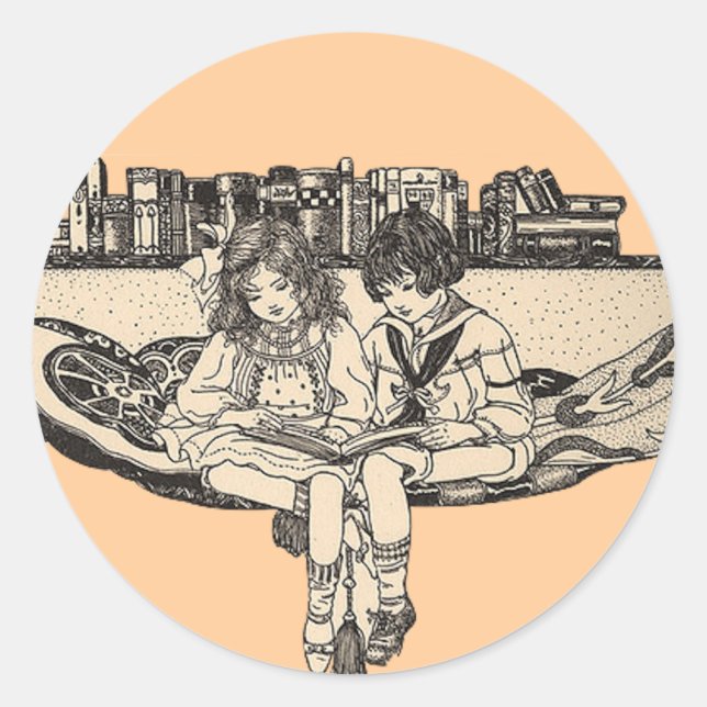 Girl and Boy Reading Classic Round Sticker (Front)
