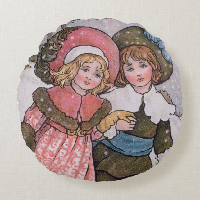 Girl and Boy Skating Round Cushion (Front)