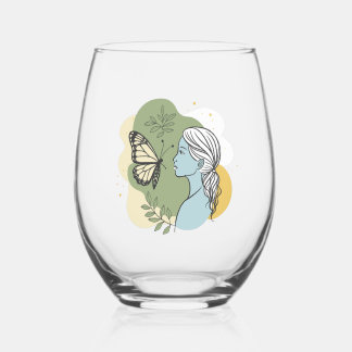 Girl and butterfly. Gentle and romantic Stemless Wine Glass