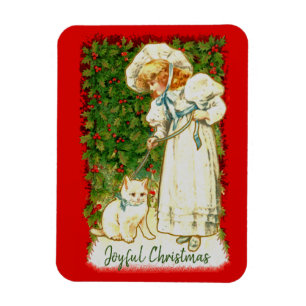 Girl And Cat Against Holly Magnet