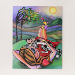 Girl and Cat In Nature Art Style Original Painting Jigsaw Puzzle