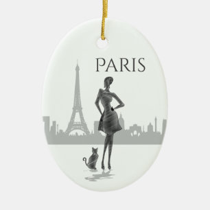 Girl and Cat in Paris with Eiffel Tower Christmas Ceramic Ornament