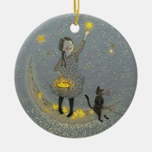 Girl and Cat On The Moon and Stars Ceramic Ornament