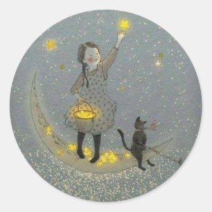 Girl and Cat On The Moon and Stars Classic Round Sticker