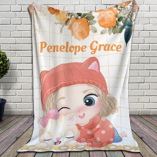 Girl and Cat Orange Roses + Custom Name Sherpa Blanket