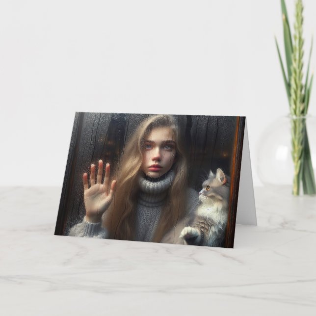 Girl and Cat Touching Glass Window Card (Front)