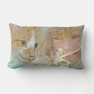 girl and cat with daisies lumbar cushion