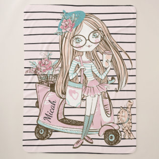 Girl and Cat With Scooter Stripes Custom Name Sherpa Blanket