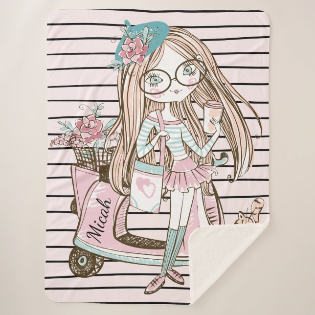 Girl and Cat With Scooter Stripes Custom Name Sherpa Blanket (Front)