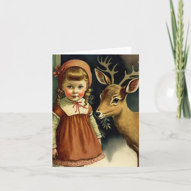 Girl and deer Christmas winter holiday card  (Front)