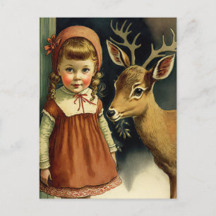 Girl and deer Christmas winter holiday card 