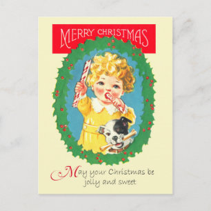 Girl and Dog Eating Christmas Treats Holiday Postcard