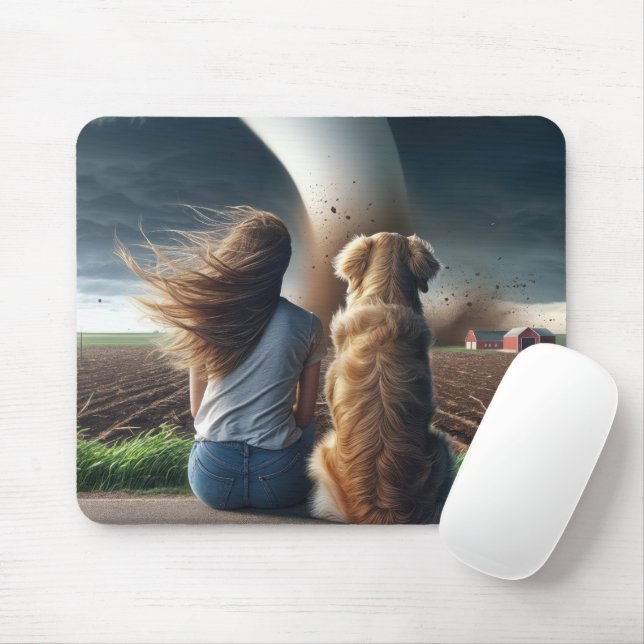 Girl and Dog Watching a Twister Mouse Pad (With Mouse)