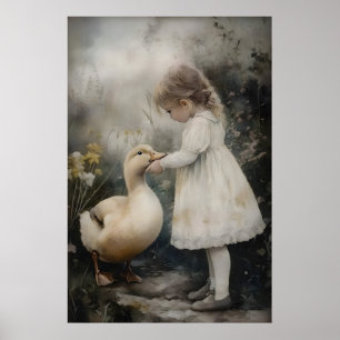 Girl And Duck Vintage Art Print, Rustic Poster