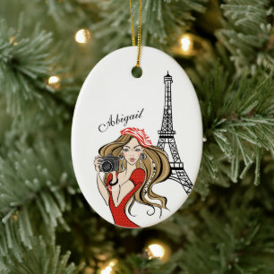 Girl and Eiffel Tower Black, Red Christmas Ceramic Ornament