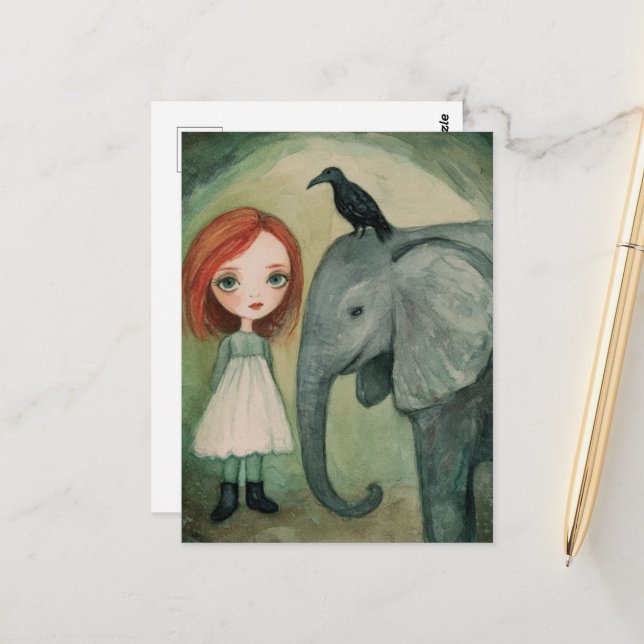 Girl and Elephant and Bird Postcard (Front/Back In Situ)