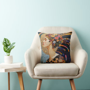 Girl and Flowers Art Nouveau Cushion