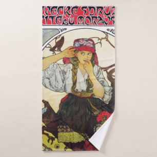 Girl and Geranium, Mucha Bath Towel