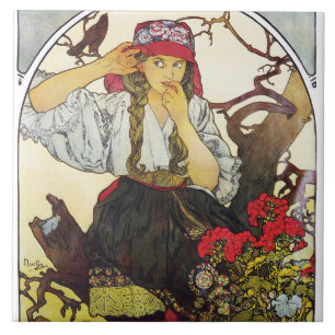 Girl and Geranium, Mucha Ceramic Tile