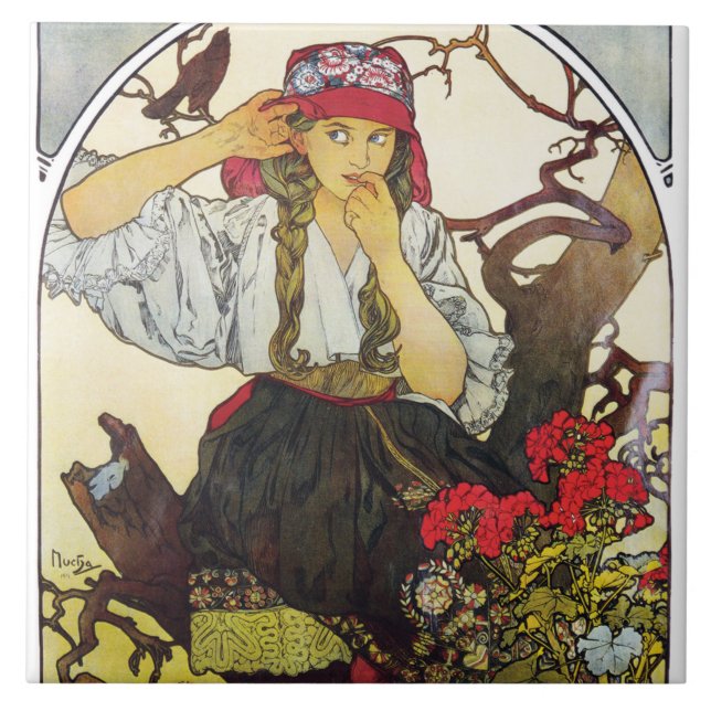 Girl and Geranium, Mucha Ceramic Tile (Front)
