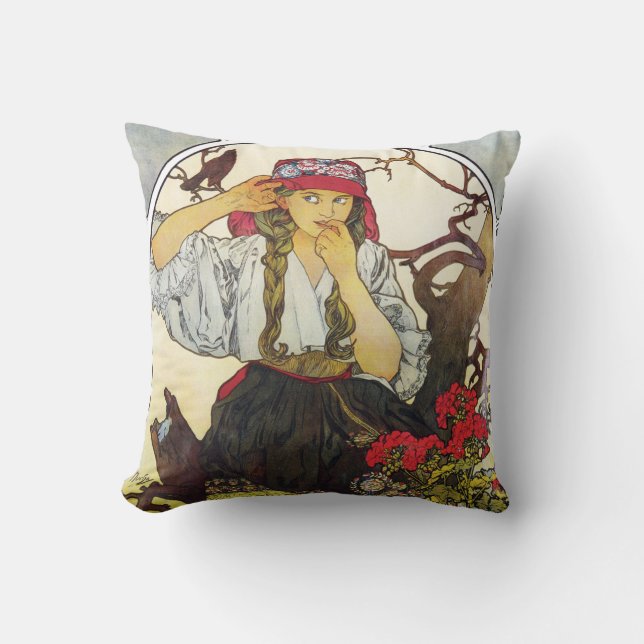 Girl and Geranium, Mucha Cushion (Front)