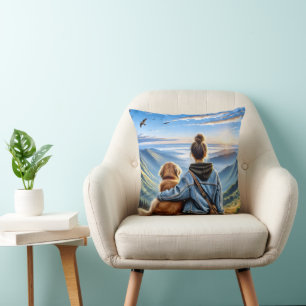 Girl and Golden Retriever On A Mountaintop Cushion