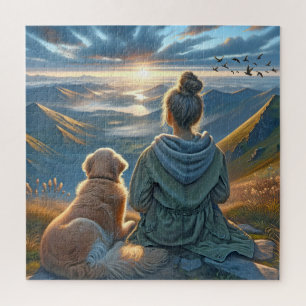 Girl and Golden Retriever On A Mountaintop Jigsaw Puzzle
