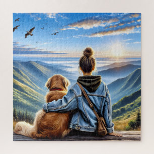 Girl and Golden Retriever On A Mountaintop Jigsaw Puzzle